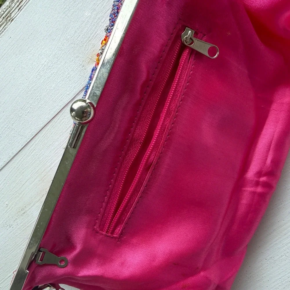Hot Pink Embroidered Sequin Beaded Floral Clutch Evening Bag